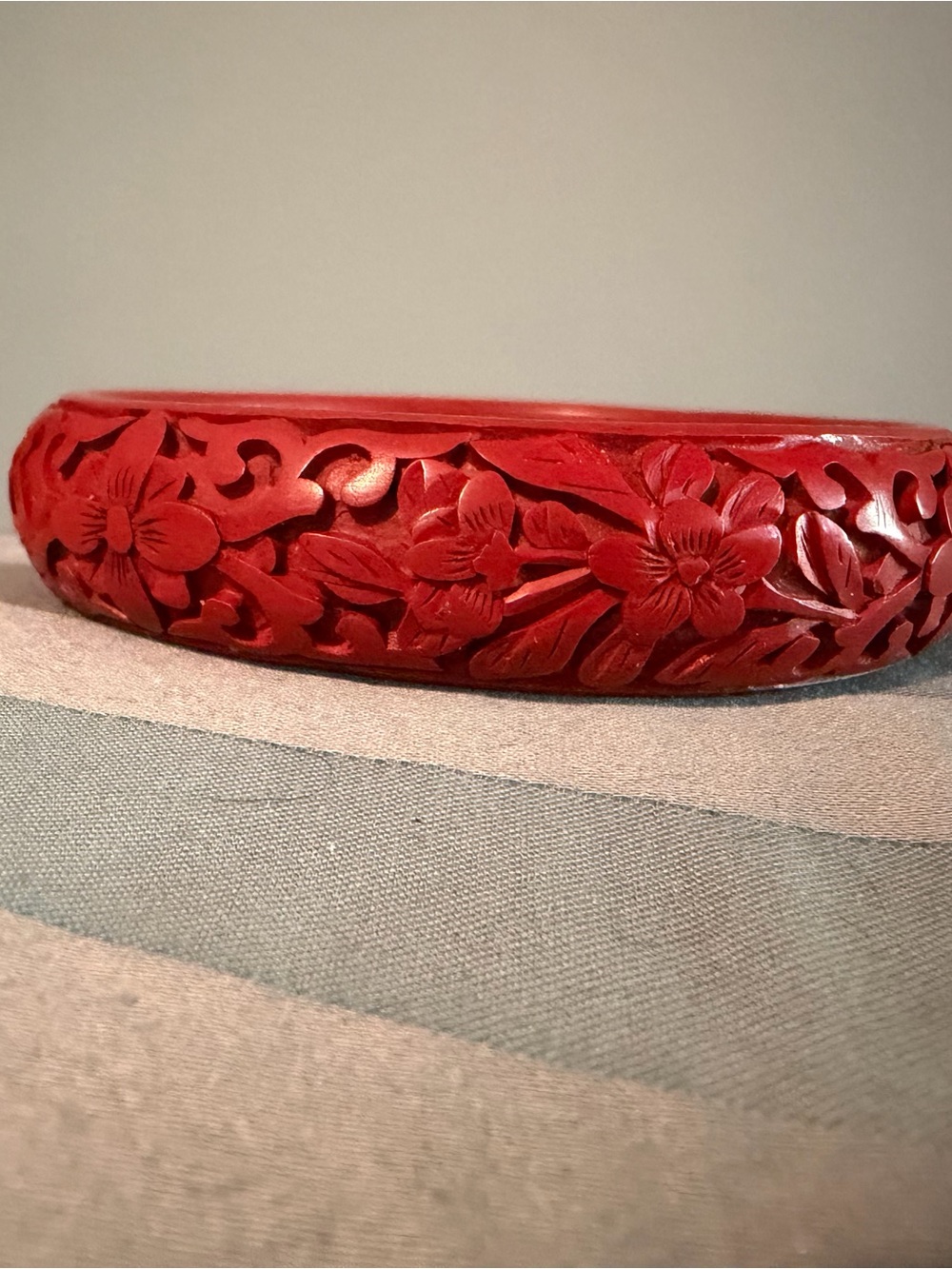 Red Carved Floral Wood Bangle Bracelet- Vintage Chinese